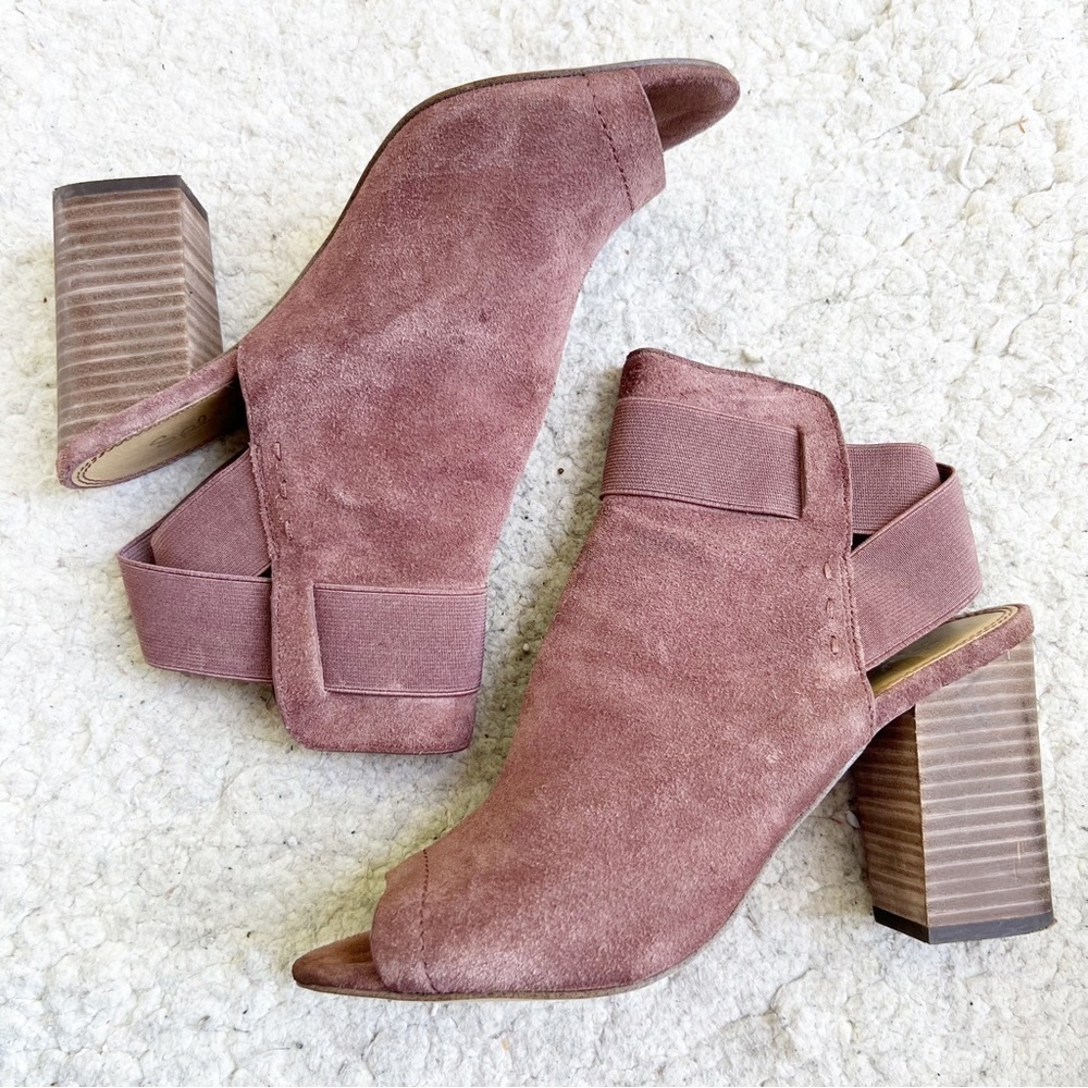 Splendid Rose Suede Peep Toe Criss Cross Elastic Slingback Block Heel Booties
